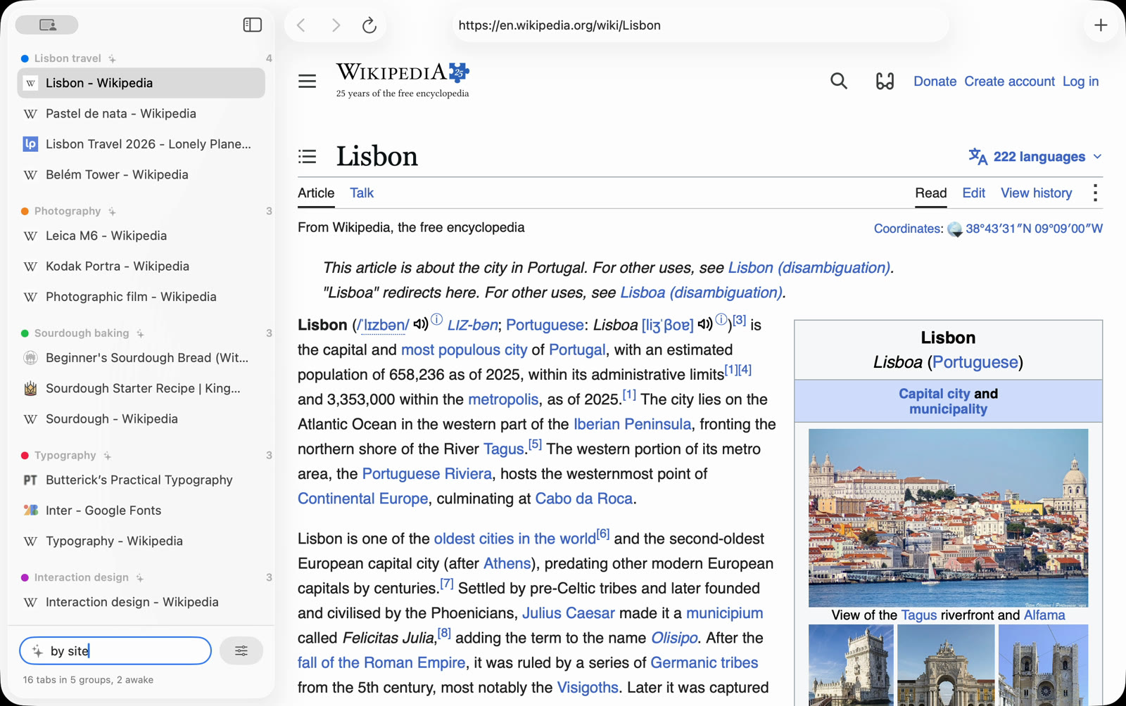The Organize button turned into a text box with the words by site typed in